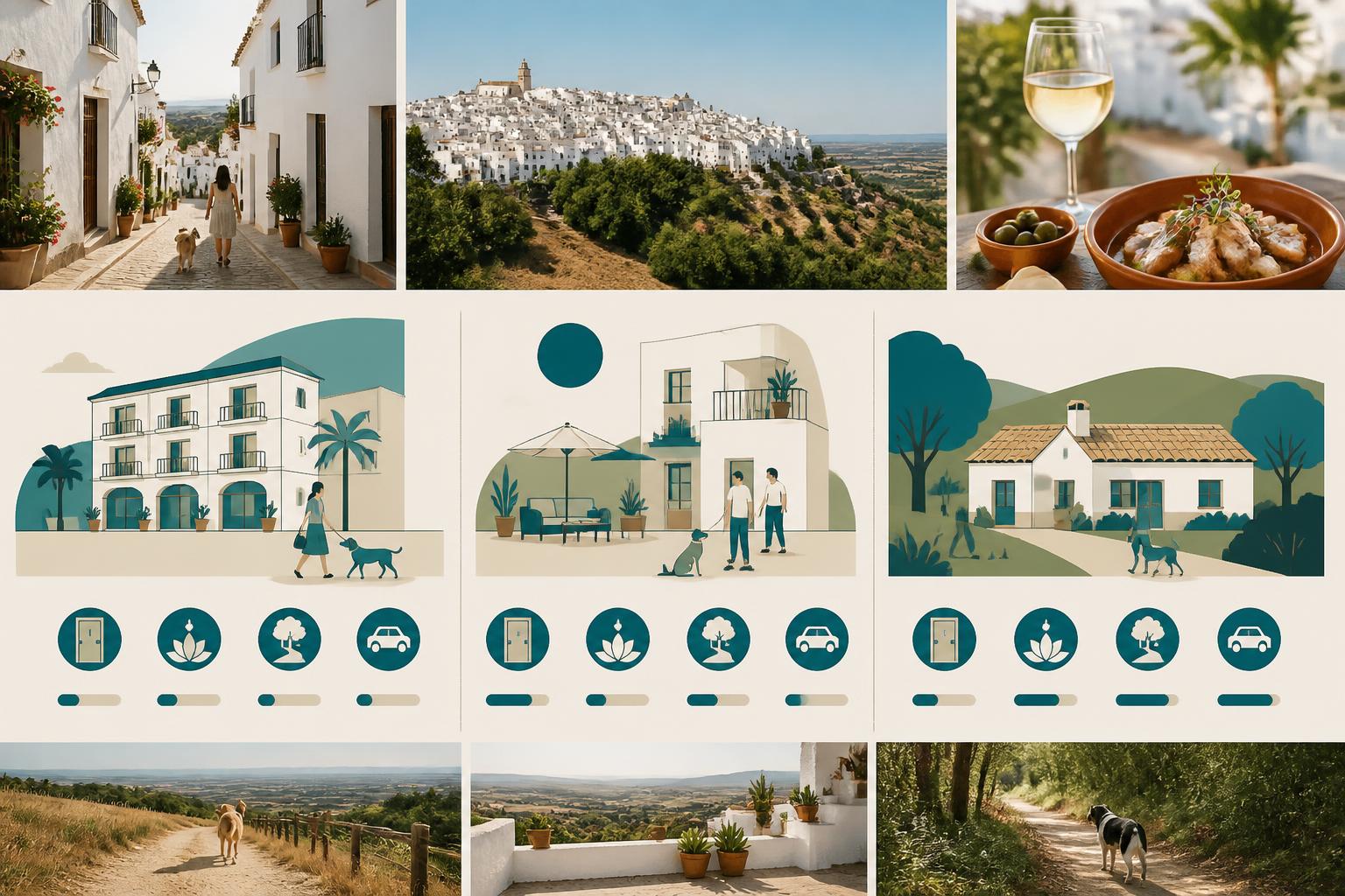 Comparativa visual de tipos de alojamiento para viajar con perro a Vejer de la Frontera