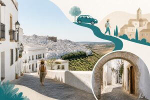 Calle blanca de Vejer de la Frontera con pendiente y vehículos estacionados según la señalización