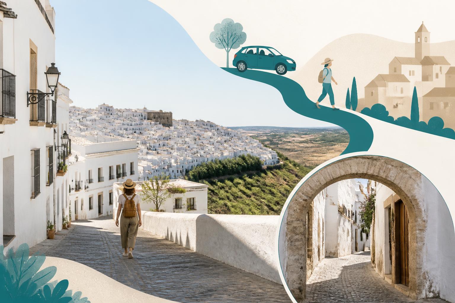 Calle blanca de Vejer de la Frontera con pendiente y vehículos estacionados según la señalización