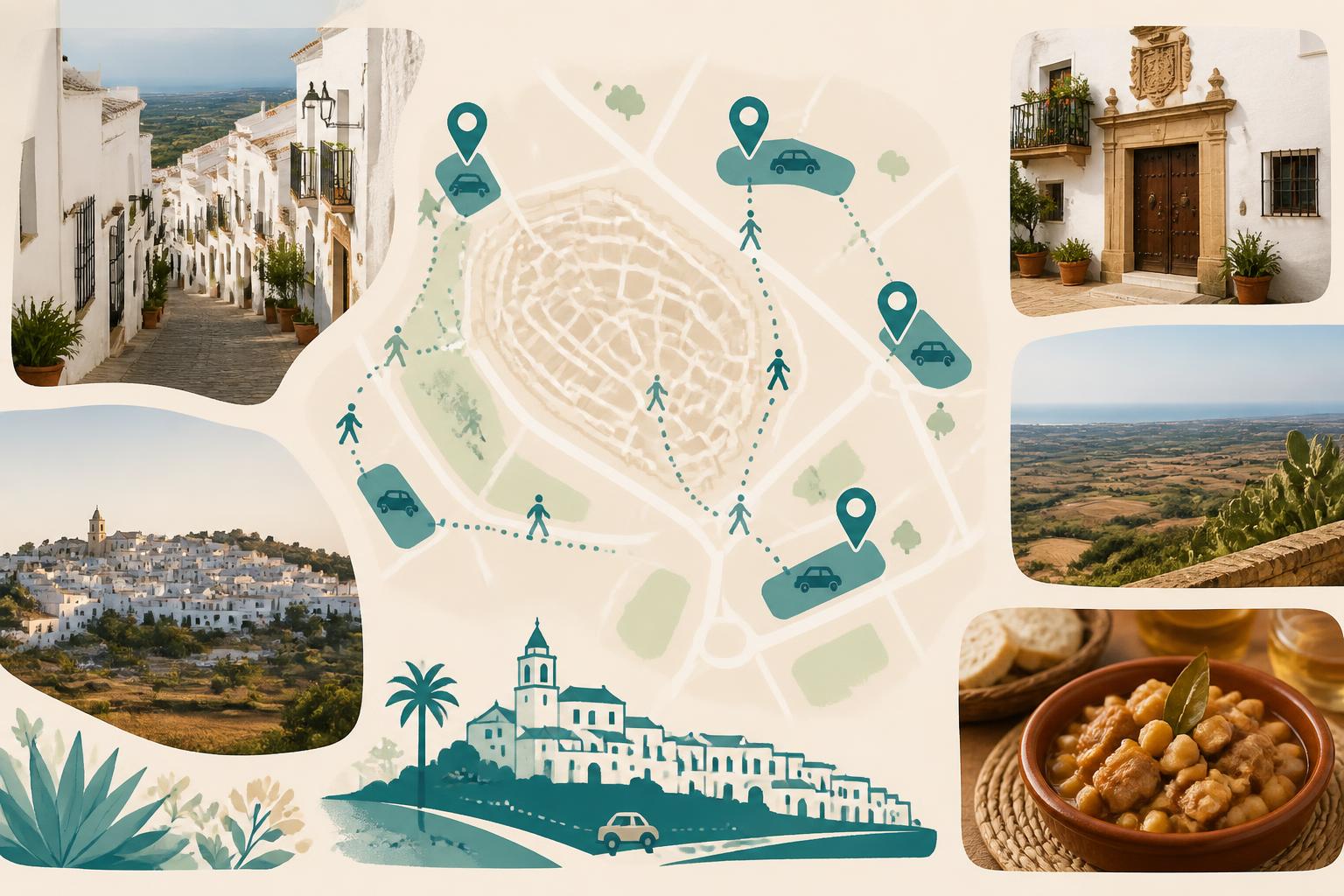 Mapa editorial sencillo de Vejer de la Frontera con zonas de aparcamiento verificadas y rutas peatonales al casco histórico