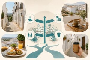 Ilustración editorial sobre distintas formas de desayunar en Vejer de la Frontera según el plan de la mañana