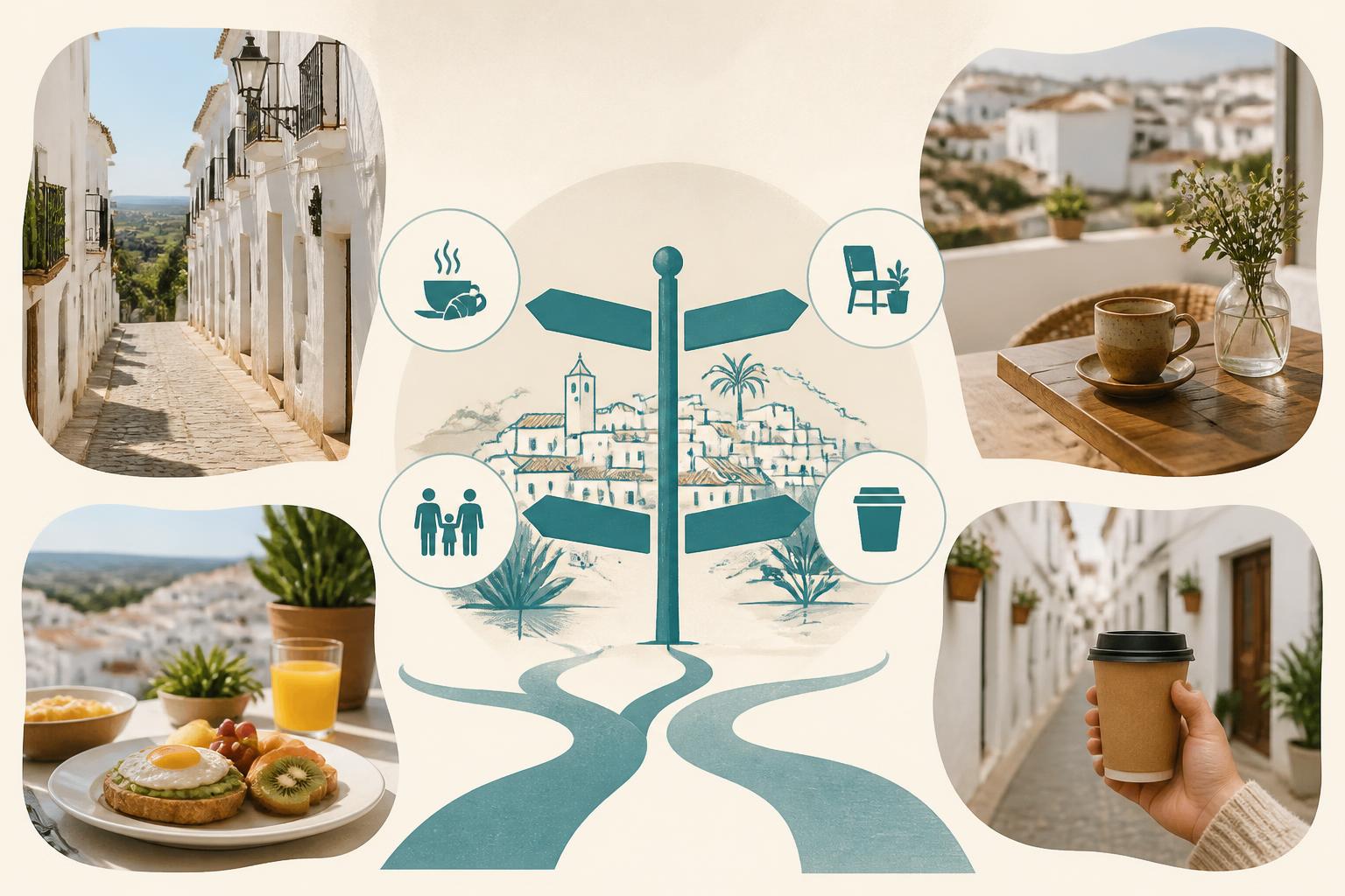 Ilustración editorial sobre distintas formas de desayunar en Vejer de la Frontera según el plan de la mañana