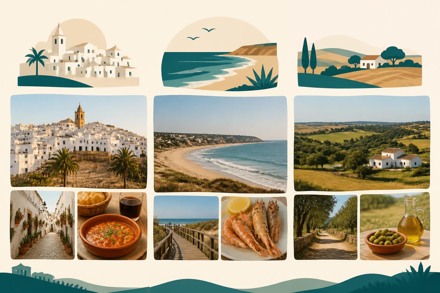 Vista del núcleo blanco de Vejer de la Frontera, la costa cercana y el paisaje rural del entorno