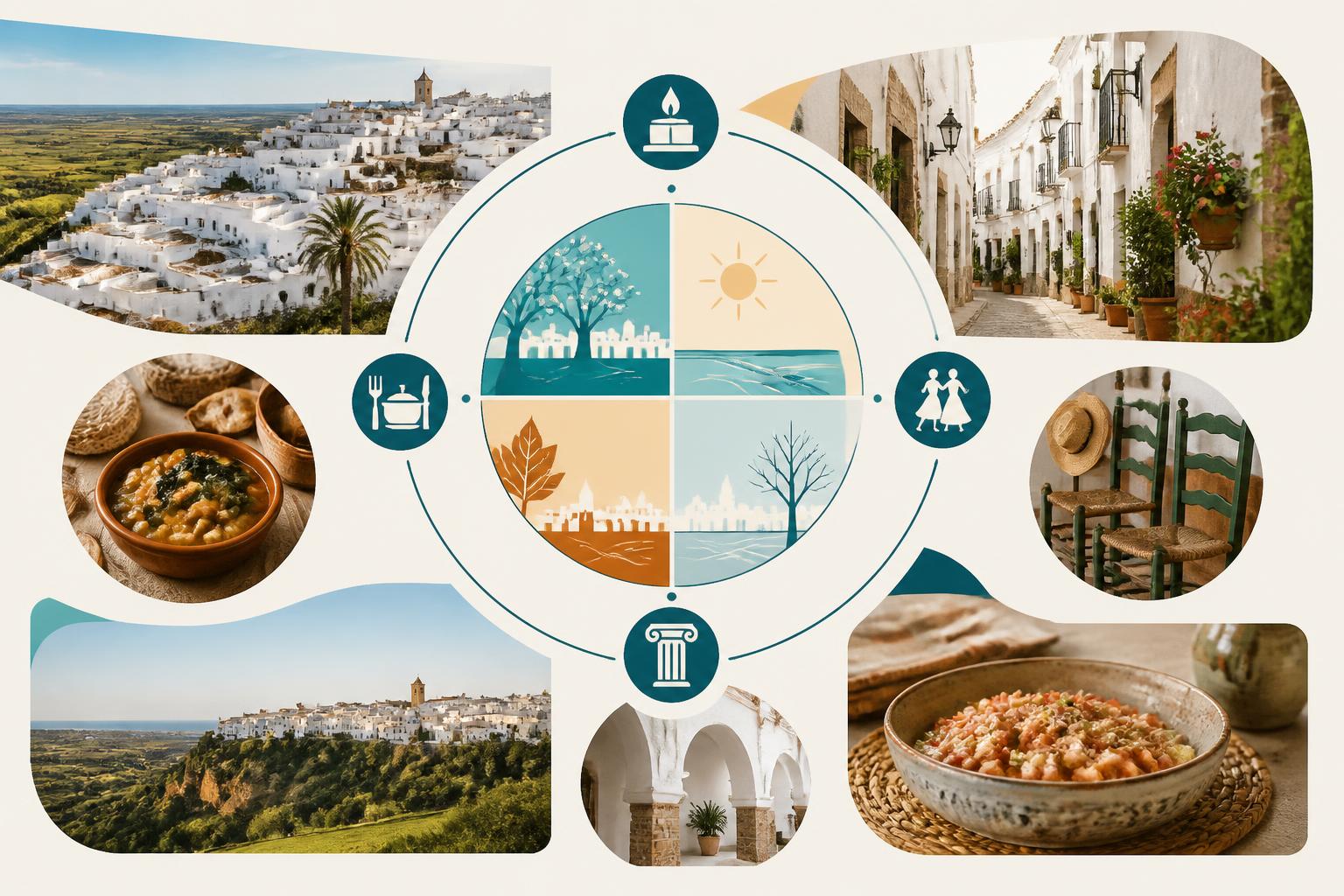 Calendario visual atemporal de fiestas y tradiciones de Vejer de la Frontera organizado por estaciones