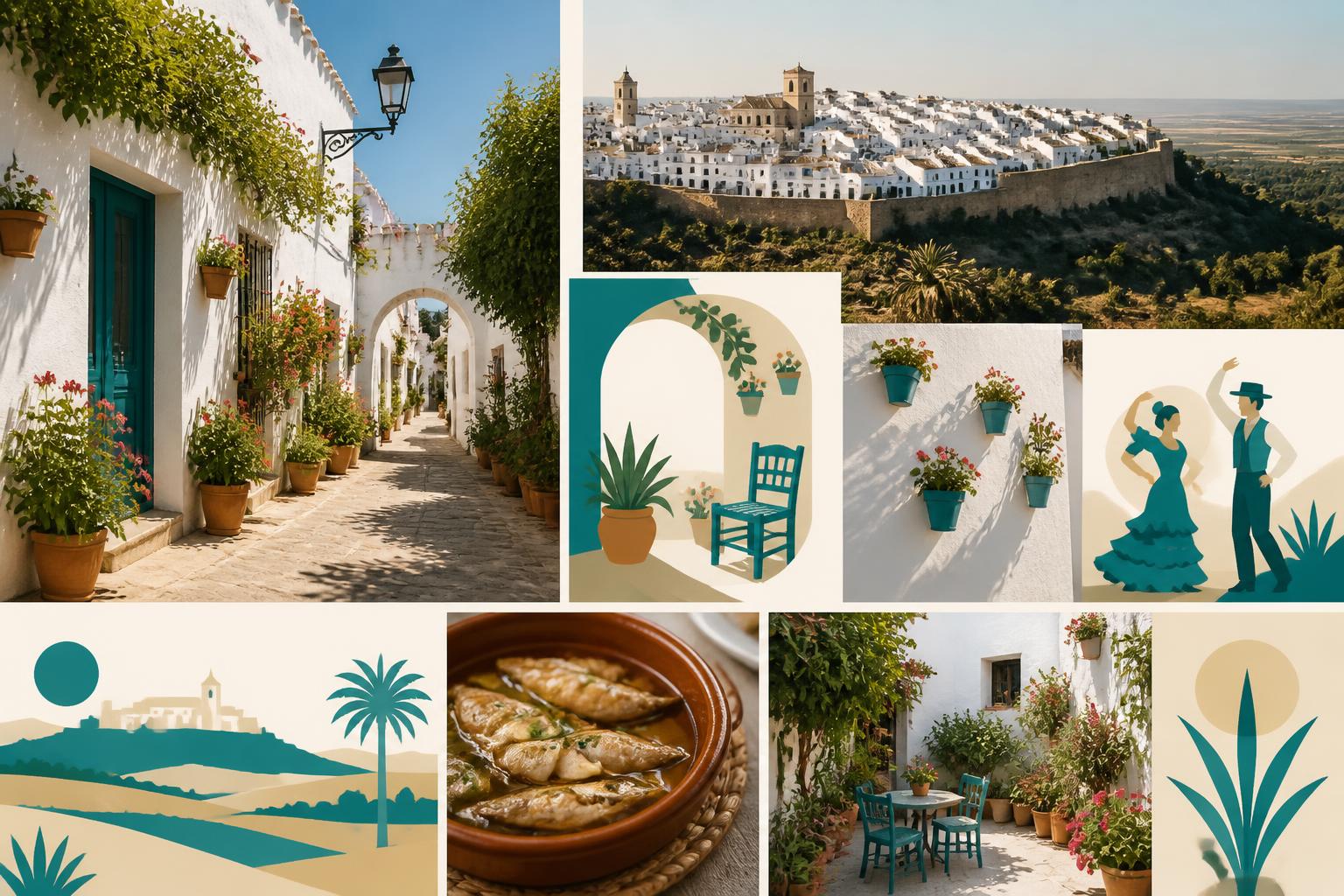 Ilustración editorial de celebraciones de primavera y verano en Vejer de la Frontera