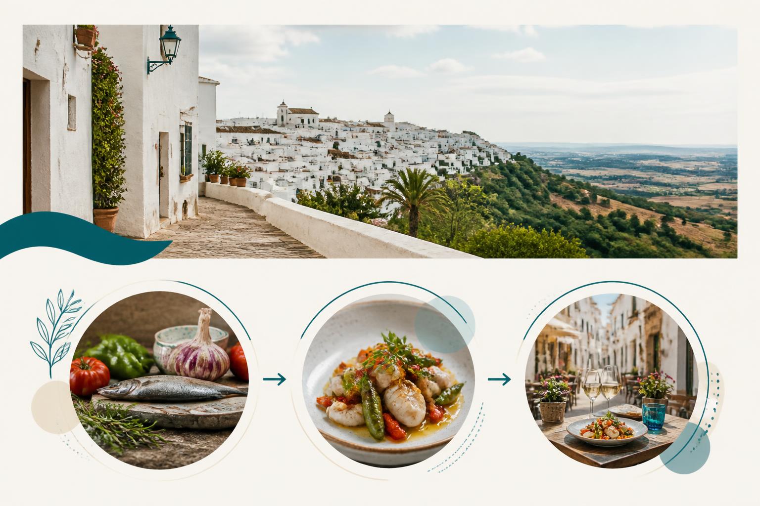 Mesa con productos y platos de la gastronomía de Vejer de la Frontera en un entorno tradicional