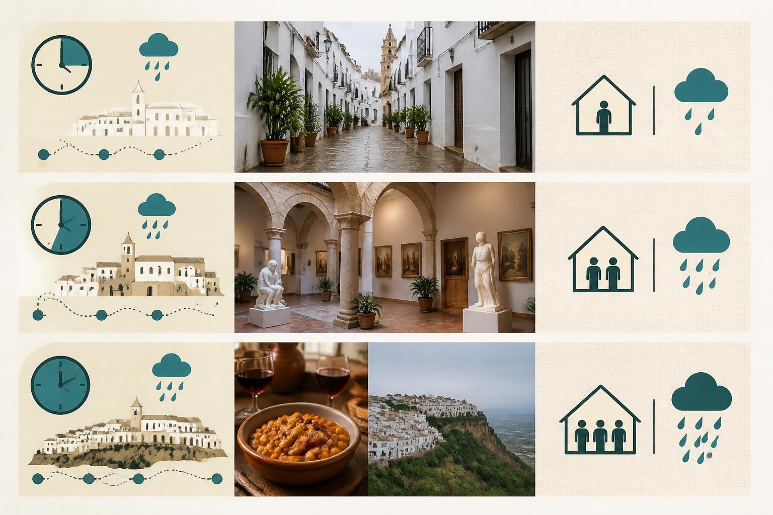Simple retro-style itinerary diagram for rainy-day plans in Vejer de la Frontera