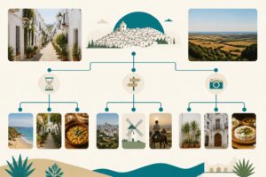 Esquema editorial con opciones para completar una visita a Vejer de la Frontera
