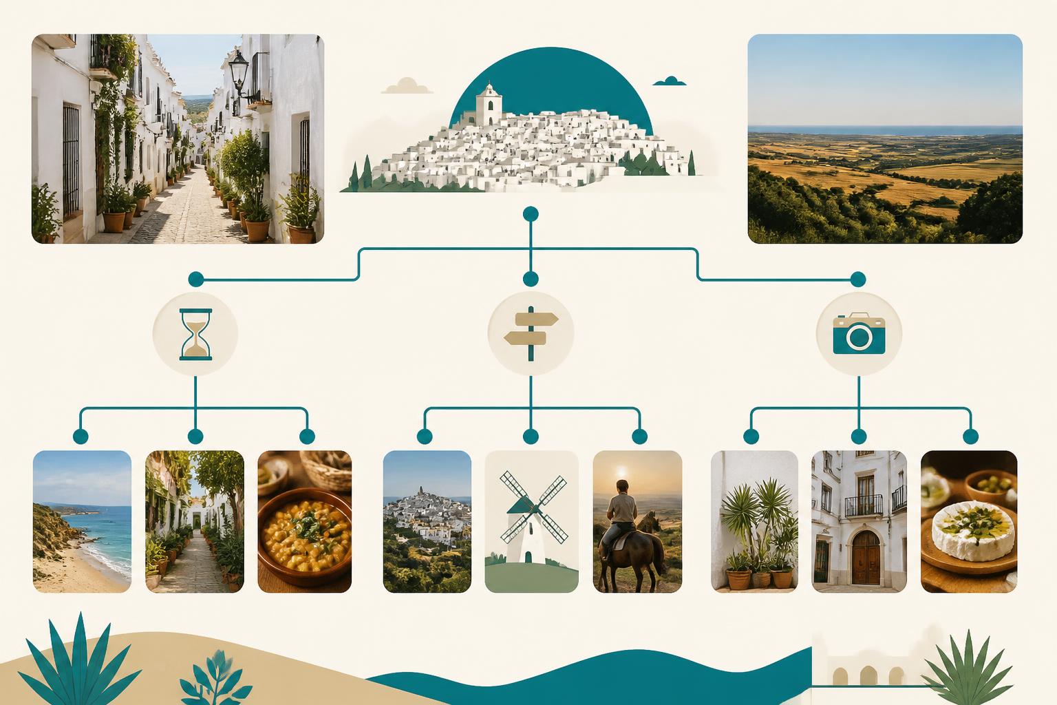 Esquema editorial con opciones para completar una visita a Vejer de la Frontera