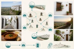 Esquema editorial de una ruta a pie por miradores y rincones de Vejer de la Frontera