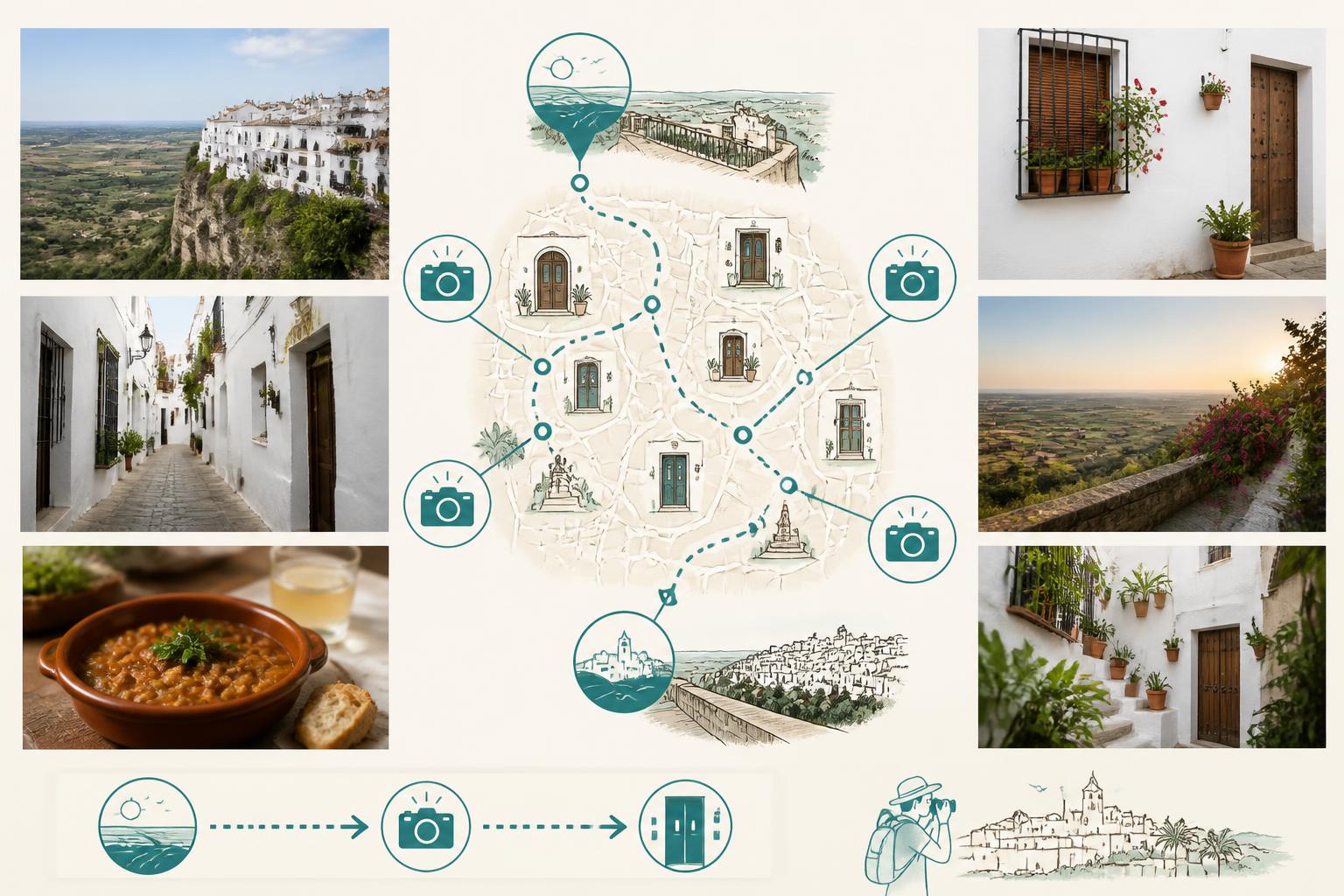 Esquema editorial de una ruta a pie por miradores y rincones de Vejer de la Frontera