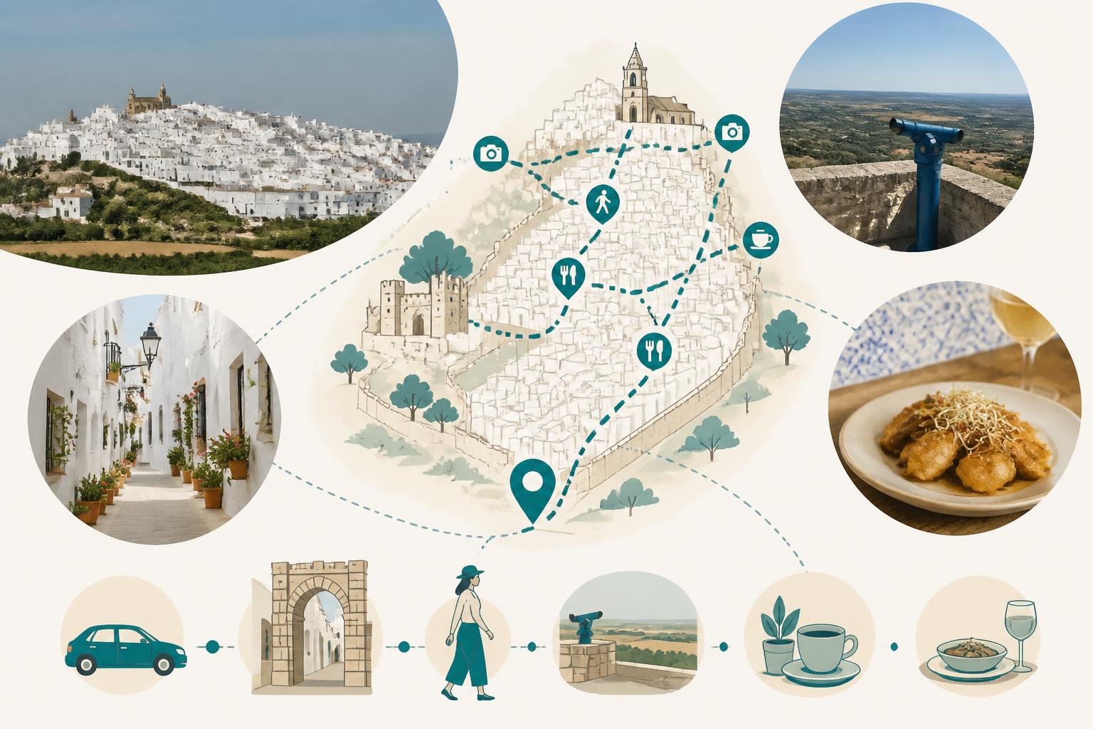 Mapa esquemático de una ruta a pie por Vejer de la Frontera en un día