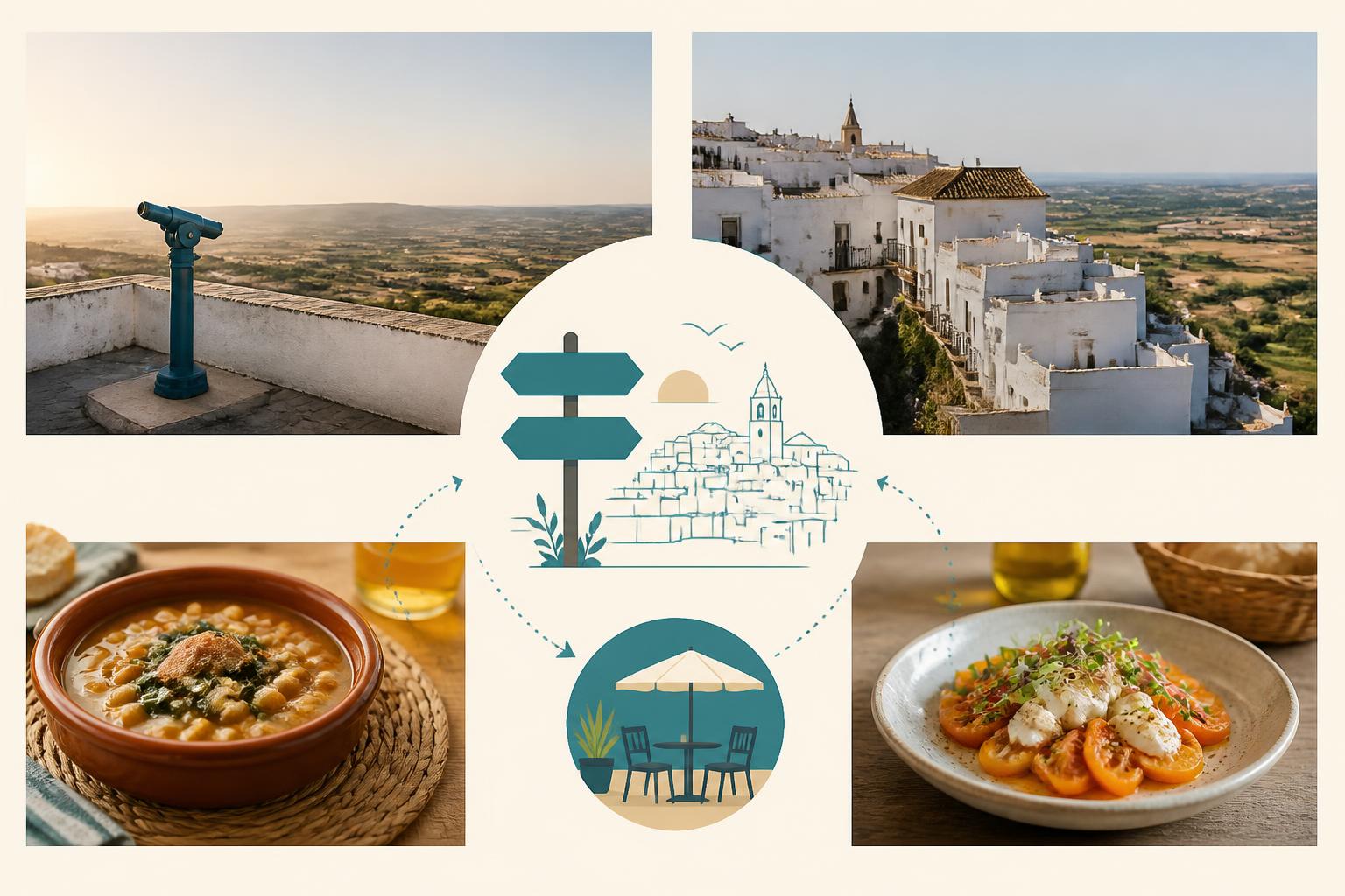 Esquema editorial de una ruta por los miradores de Vejer con pausa para comer
