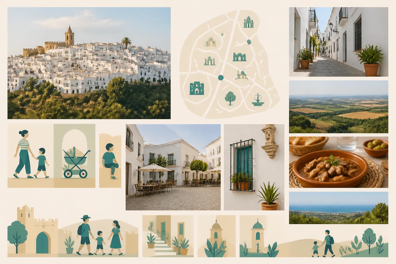 Composición editorial de calles blancas, miradores y detalles arquitectónicos de Vejer para una visita familiar