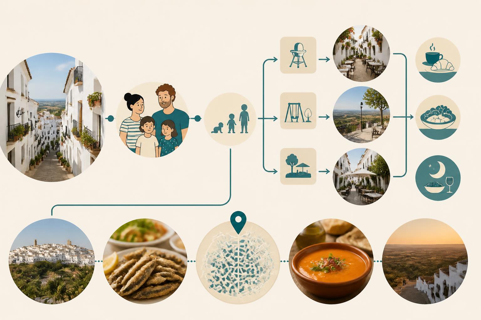 Árbol de decisión ilustrado para elegir restaurante familiar en Vejer de la Frontera