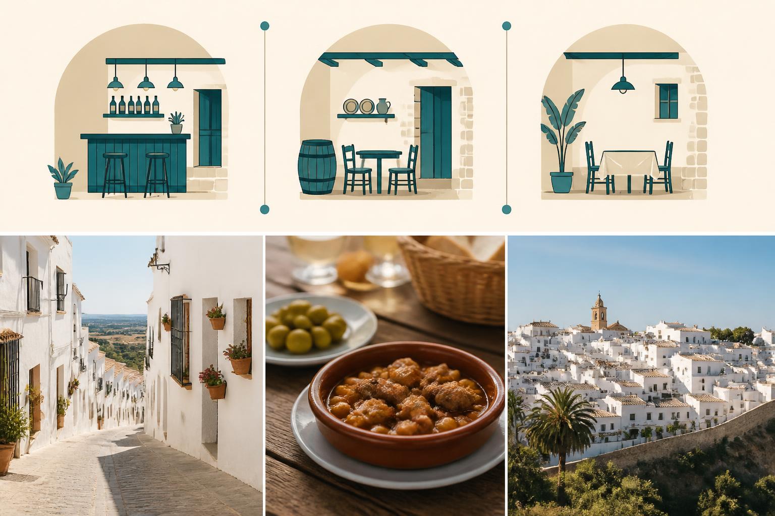 Calle blanca de Vejer de la Frontera con mesas de un establecimiento gastronómico