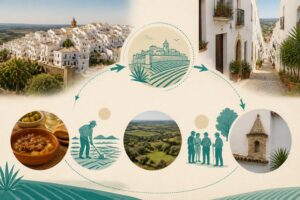 Paisaje rural del entorno de Vejer de la Frontera con una composición editorial sobre las Hazas de Suerte