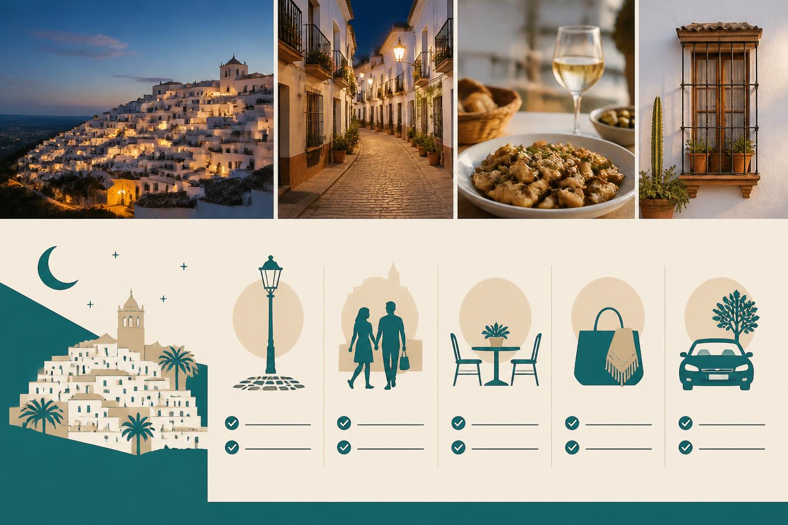 Evening planning details for a visit to Vejer de la Frontera