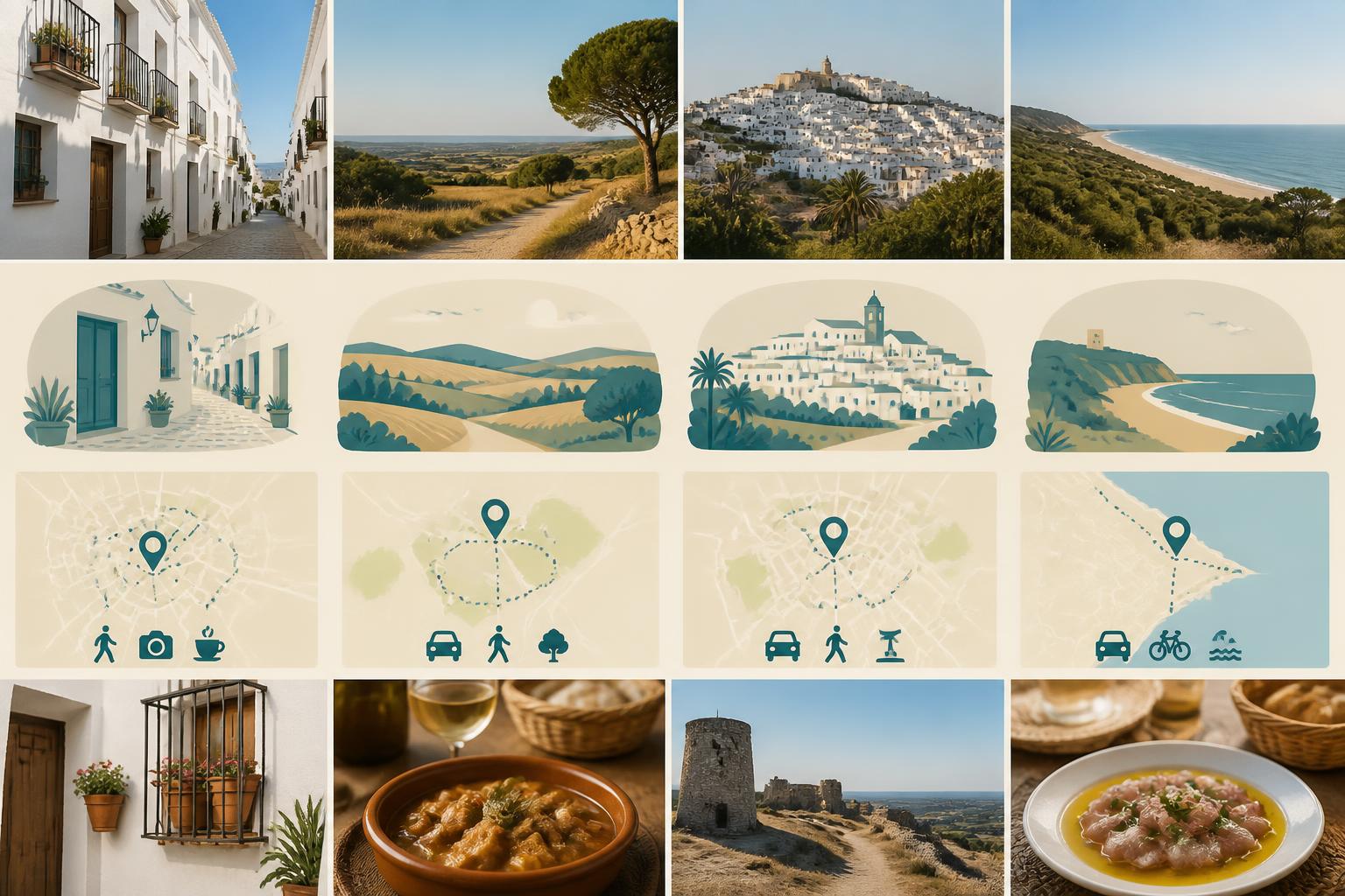Editorial comparison of viewpoints, countryside and beaches near Vejer de la Frontera