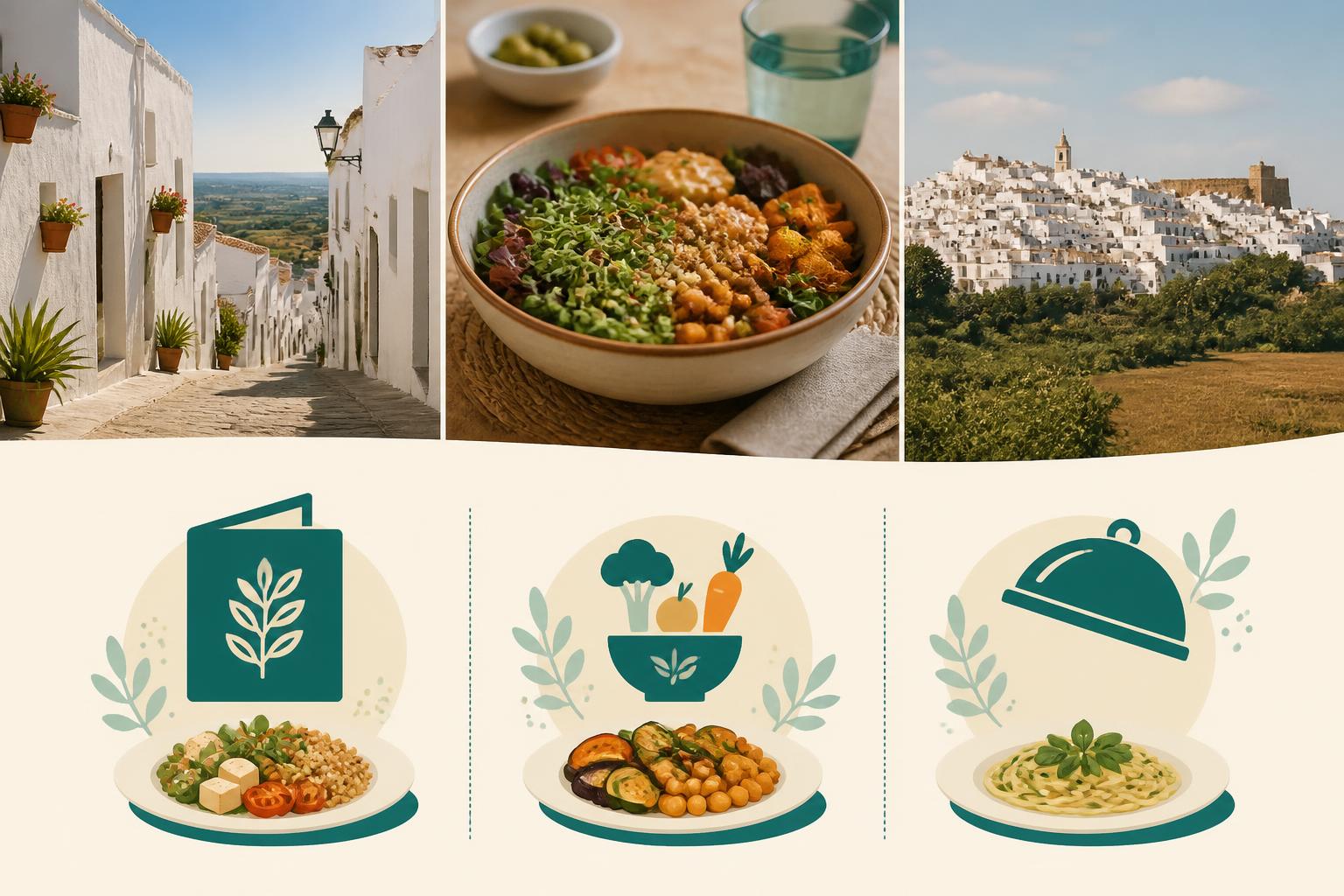 Mesa con varias opciones vegetarianas y veganas en un restaurante de Vejer de la Frontera